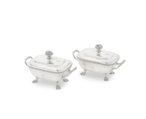 A pair of George III silver two-handled sauce tureens and coversJohn Edwards III, London 1808 Oblong form, the stepped lift-o