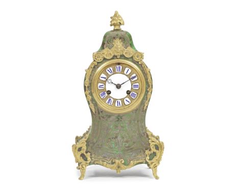 A late 19th century French gilt brass mounted and green stained tortoiseshell 'Boulle' marquetry mantel clockin the Louis XV 