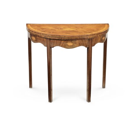 A George III mahogany, satinwood banded and fruitwood inlaid demi-lune card table1780-1795, inlaid with four conch shells eac