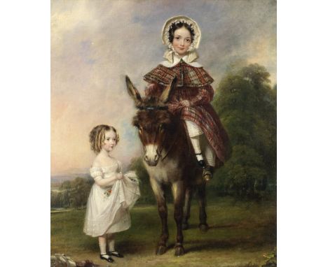 British School, 19th CenturyPortrait of two girls with a donkeyoil on canvas laid to board 74.6 x 62.6cm (29 3/8 x 24 5/8in).