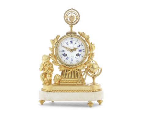 A small late 18th Century French gilt bronze figural mantel clockthe dial signed Noel Fils, A Paristhe drum case surmounted b