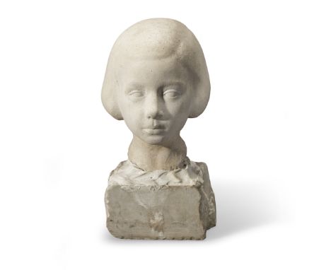 Jean Joachim Supéry (French, 1905-1990): A sculpted limestone portrait bust of a young girlmodelled full face, with parted bo