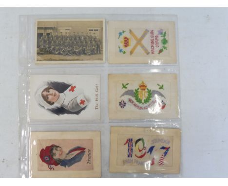 12 WWI related postcards and one photograph, including one showing a machine gun corps and a card showing a football team, so