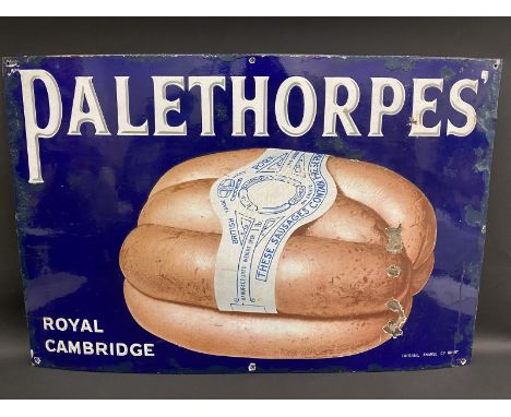 A Palethorpes' Royal Cambridge sausages pictorial enamel sign by Imperial Enamel, 36 x 24".