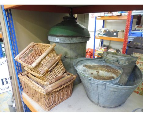 A selection of galvanised salvage, a quantity of industrial light shades etc.