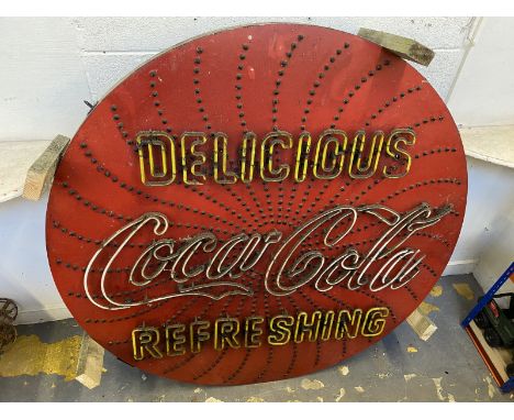 A rare circular original American diner neon Coca Cola circular sign, circa 1950s/1960s, with original hanging bracket, yello