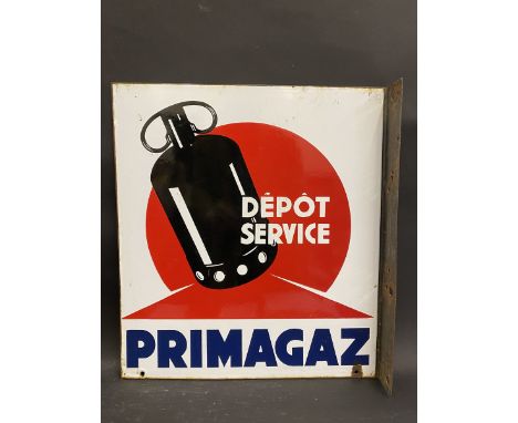 A double sided enamel sign with hanging flange advertising Primagaz, 17 1/2 x 19 1/2".