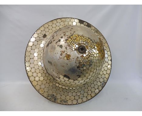 A highly unsual ceiling light, of metal construction covered with circular reflective discs, many missing, no electrical fitt