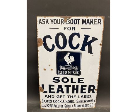 An early enamel sign advertising Cock sole leather, 15 x 24". 