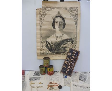 Two tins of Blundell's Oil Varnish Stain plus a tin of Blackfriar 'Floorine', a Fry's Chocolate crate front panel etc. 