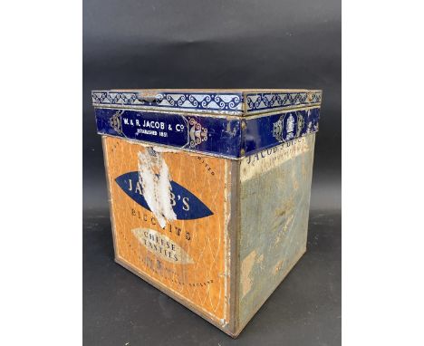 A W. &amp; R. Jacob &amp; Co. square biscuit tin with paper labels and glass rising lid. 