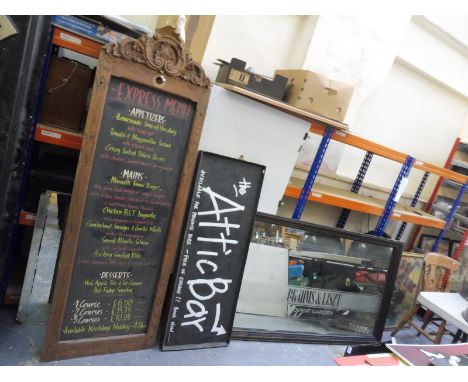 A large scale advertising mirror for Brahms &amp; List, Covant Garden, 60 x 36", plus a carved wooden menu board, 24 x 72" an