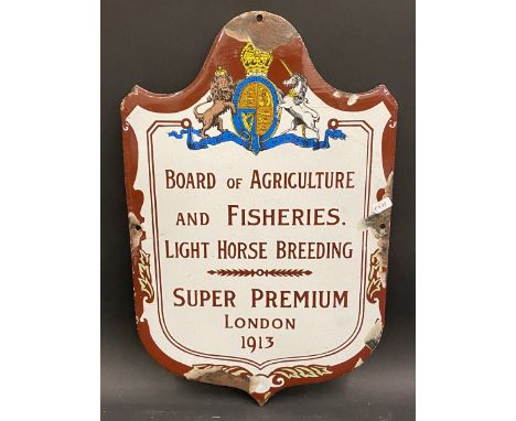 A Board of Agriculture and Fisheries Light Horse Breeding Super Premium London 1913 shaped enamel sign, 10 x 15 1/4".
