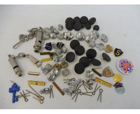 A quantity of Bristol Constabulary buttons, an A.R.P. Hudson whistle, various enamel school badges etc. 
