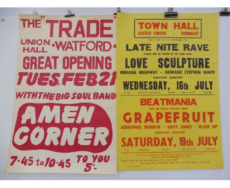 Two original 1960s band posters, the first for the Torquay town hall, circa 1960s featuring Beat Mania and Grapefruit, overal