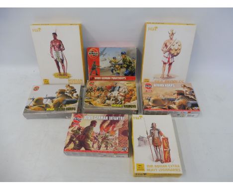 Eight Airfix plastic soldier sets of different scales, to include the German paratroopers, Africa corps and ancient Britains.