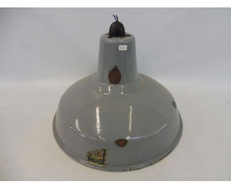 A Crysteel Product white and grey enamel industrial style light shade, 14" diameter.