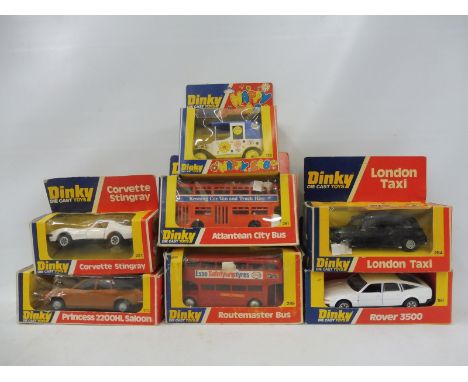 Seven boxed Dinky Toys, to include London Taxi, Corvette Stingray, Routemaster bus, Princess saloon and others.