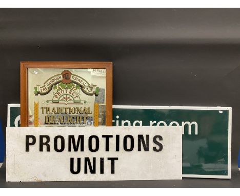 A relatively modern 'Waiting Room' enamel sign, possibly railway, 47 3/4 x 14 3/4" plus a reproduction C.A.M.R.A. draught bee