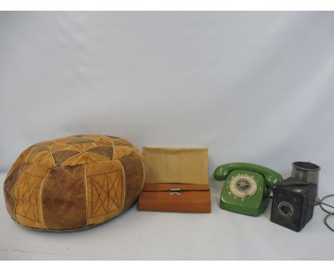 A 1970s green telephone, a pouffe, a cased travelling gentleman's vanity set etc. 