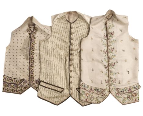 * Clothing. A gentleman's embroidered silk waistcoat, late 18th century, hand-stitched cream silk waistcoat finely embroidere