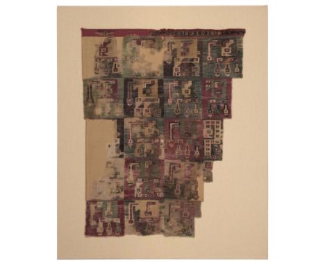 * Huari. Pre-Columbian textile fragment, Peru, embroidered in polychrome threads on a canvas ground, depicting geometrical sy