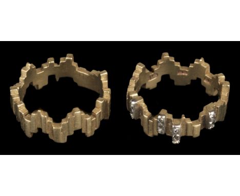 * Rings. An 18ct gold abstract 'two-part' ring, one ring set with four rows of diamond chippings, the other left plain, each 