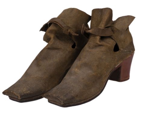 * Clothing. A pair of gentleman's shoes, European, mid 17th century, hand-stitched reversed grained leather, with blunt squar