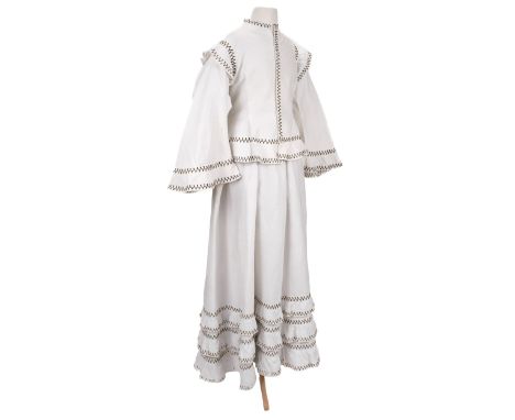 * Clothing. A two-piece walking or croquet dress, circa 1860, white twilled cotton two-piece, machine-stitched, comprising a 