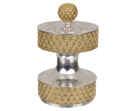 * Pepper Mill. A silver pepper mill by Anthony Elson for Garrard &amp; Co Ltd, London, 1978, with cast gilt bands with a geom