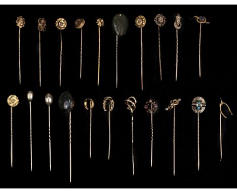 * Tiepins. A collection of 160 gold and yellow metal Victorian and Edwardian tiepins, many different types, including 9ct gol