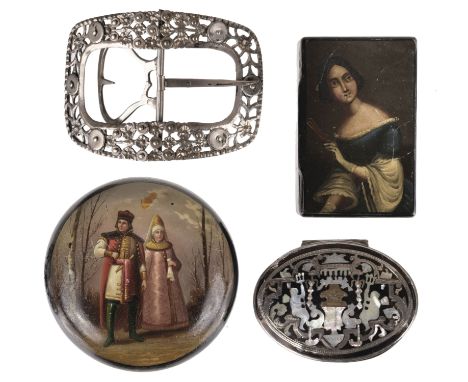 * Snuff Box. An Italian tortoiseshell and white metal oval snuff box, late 18th century, the lid inlaid with white metal, mot