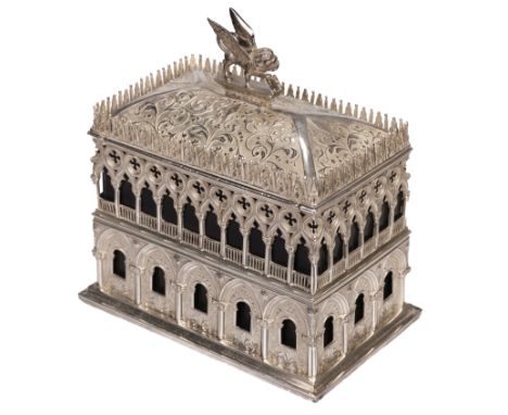 * Silver Casket. A Continental silver casket designed as a copy of Doges Palace, Venice, with winged lion finial, hinged lid,