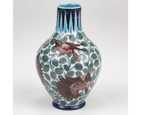 * De Morgan (William, 1839-1917). An early Fulham period Persian ovoid pottery vase decorated by Joe Juster, birds and foliag