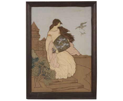 * Embroidered Picture. Princess Iseult with the shield of Sir Tristram of Lyonesse, after Harry Theaker (1873-1954), circa 19