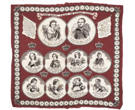* Handkerchief. The Royal Chain or Family Link, 1850s, cotton handkerchief printed in black on a red ground, with portrait me