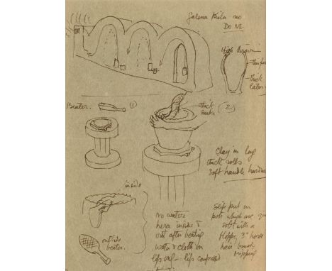 AR  * Leach (Bernard Howell, 1889-1979). Technical throwing instructions, 1934, pen and ink on blue paper, additional drawing