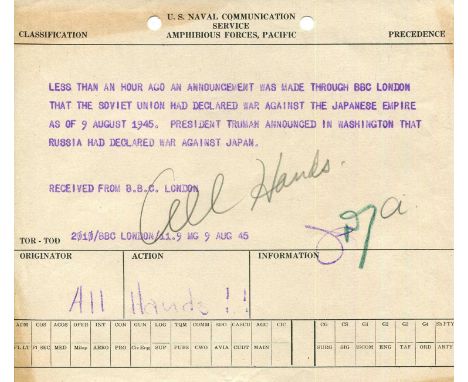 WORLD WAR II: An original telex issued by the United States Naval Communication Service Amphibious Forces, Pacific, one page,