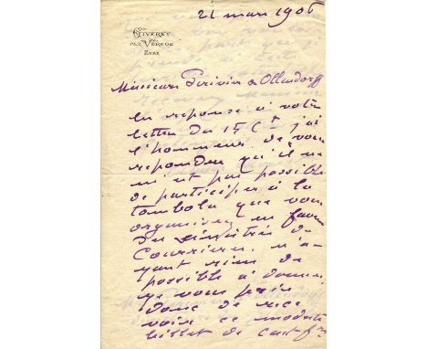 MONET CLAUDE: (1840-1926) French Impressionist painter. A.L.S., Claude Monet, two pages (written to the first and third sides