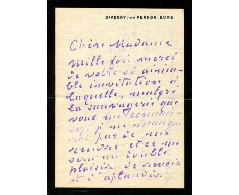 MONET CLAUDE: (1840-1926) French Impressionist painter. An excellent, small series of three A.Ls.S. by Claude Monet to member