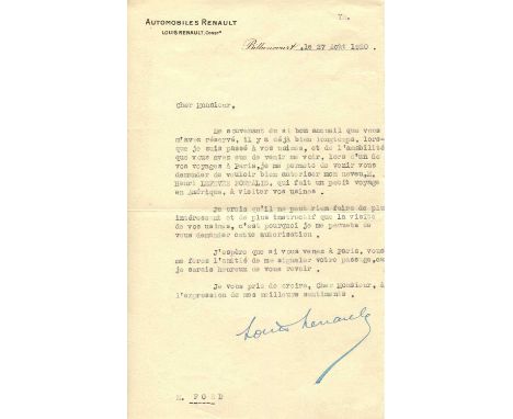 RENAULT LOUIS: (1877-1944) French Industrialist. A pioneer of the automobile industry and founder of Renault. Rare letter add