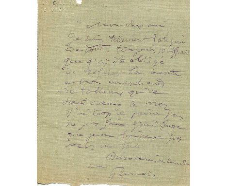 RENOIR PIERRE-AUGUSTE: (1841-1919) French Impressionist artist. A.L.S., Renoir, one page (folding letter card stationery), sm