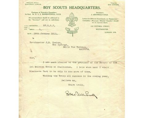 BADEN-POWELL ROBERT: (1857-1941) British Lieutenant General, founder of the Scout movement. T.L.S., Robert Baden Powell, one 
