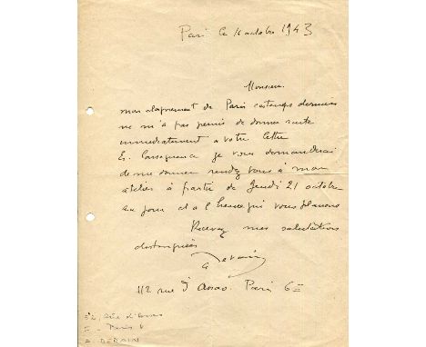 DERAIN ANDRE: (1880-1954) French artist, painter and sculptor, a co-founder of Fauvism with Henri Matisse. A.L.S., A Derain, 