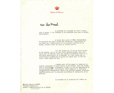 RAINIER III: (1923-2005) Sovereign Prince of Monaco 1949-2005. An excellent, lengthy T.L.S., Rainier, Prince de Monaco, with 