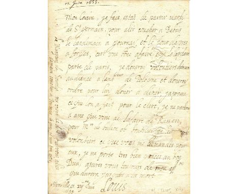 LOUIS XIII: (1601-1643) King of France 1610-43. A.L.S., Louis, one page, 8vo, Versailles, 12th June 1633, to Cardinal Richeli