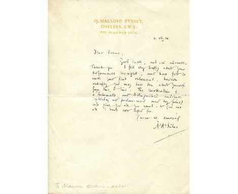 MILNE A. A.: (1882-1956) English author, creator of Winnie-the-Pooh. A fine A.L.S., A. A. Milne, one page, 8vo, Mallord Stree