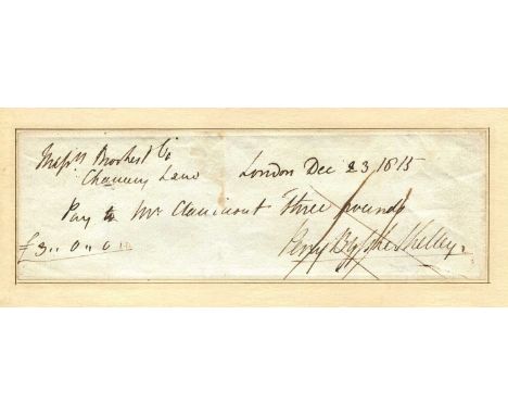SHELLEY PERCY BYSSHE: (1792-1822) British writer, one of the major English Romantic poets. A fine Autograph D.S., Percy Byssh