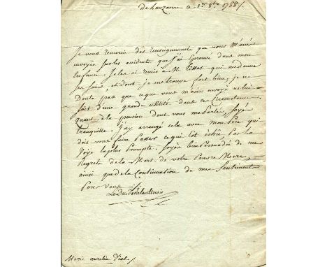 HONORÉ IV: (1758-1819) Prince of Monaco 1814-19. L.S., Le Duc de Valentinois, one page, 8vo, Lausanne, 1st October 1788, to M