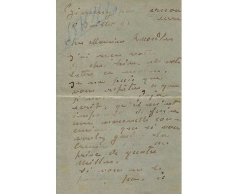 MONET CLAUDE: (1840-1926) French Impressionist painter. A good A.L.S., Claude Monet, two pages (written to the first and fina